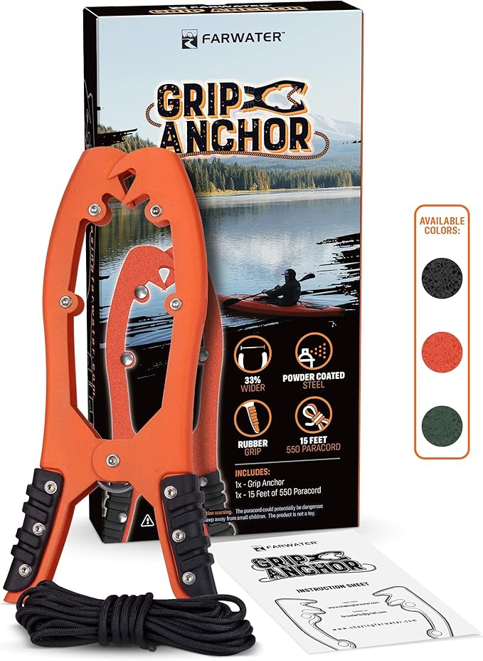 Canoe Anchor Grip - Boat, Float Tube & Kayak Fishing Accessories, Kayaking Equipment - Brush Clamp Anchor with Teeth - Gripper with 15ft Paracord - Rubber Grips - Coated Steel -