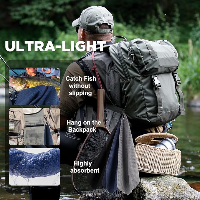 3 Pack Microfiber Fishing Towels with Clip, 16" X 16", Waffle Pattern for Effective Cleaning of Fishing Gears or Dirty Hands, Perfect for Camping Towels and Hiking Towles