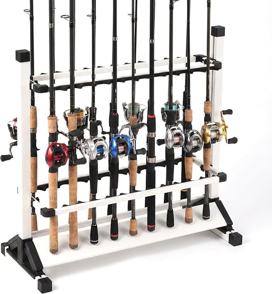 24-Rod Aluminum Alloy Rolling Fishing Pole Holder, Rustproof Fishing Rod Rack with 360° Lockable Wheels, Multi-Functional Storage Organizer for Garage & Home, Fits Most Rods & Golf Clubs (White)