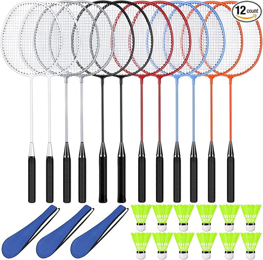 12 Pack Badminton Rackets Set Including Badminton Racquets, Nylon Shuttlecocks and Carry Bag for Outdoor Backyard Games Beginners