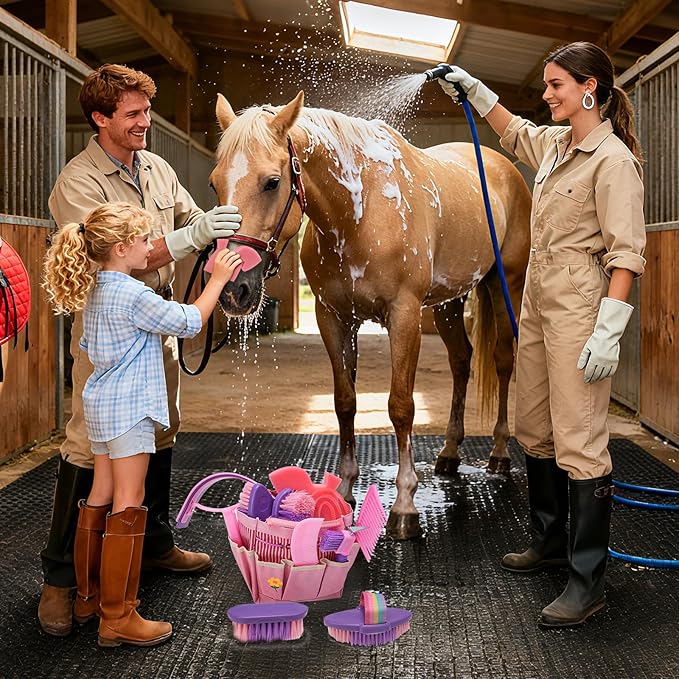 Horse Grooming Kit, Horse Brushes for Grooming Supplies Set with Organizer Bag, Horses Tack Brush Set for Effective Grooming and Cleaning, Gift for Horse Riders Beginners, Pink