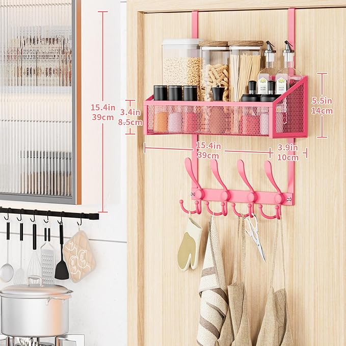 Over The Door Hooks Organizer, Coat Rack Over The Door Storage Hanger Towel Rack, Back of Door Storage Organizer for Bathroom,Bedroom,Kitchen,Office (Pink, 2-Tier)