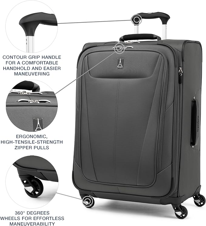 Travelpro Maxlite 5 Softside Expandable Luggage with 4 Spinner Wheels, Lightweight Suitcase, Men and Women, Shadow Grey, Checked-Medium 25-Inch