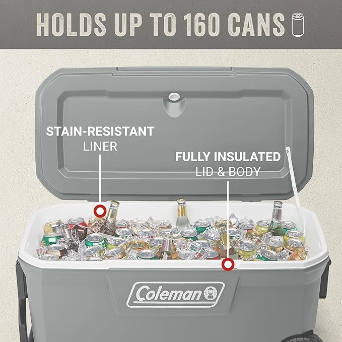 Coleman Classic Series Insulated Portable Rolling Cooler with Wheels, Leak-Resistant Outdoor Hard Cooler Keeps Ice up to 5 Days, 100-Quart
