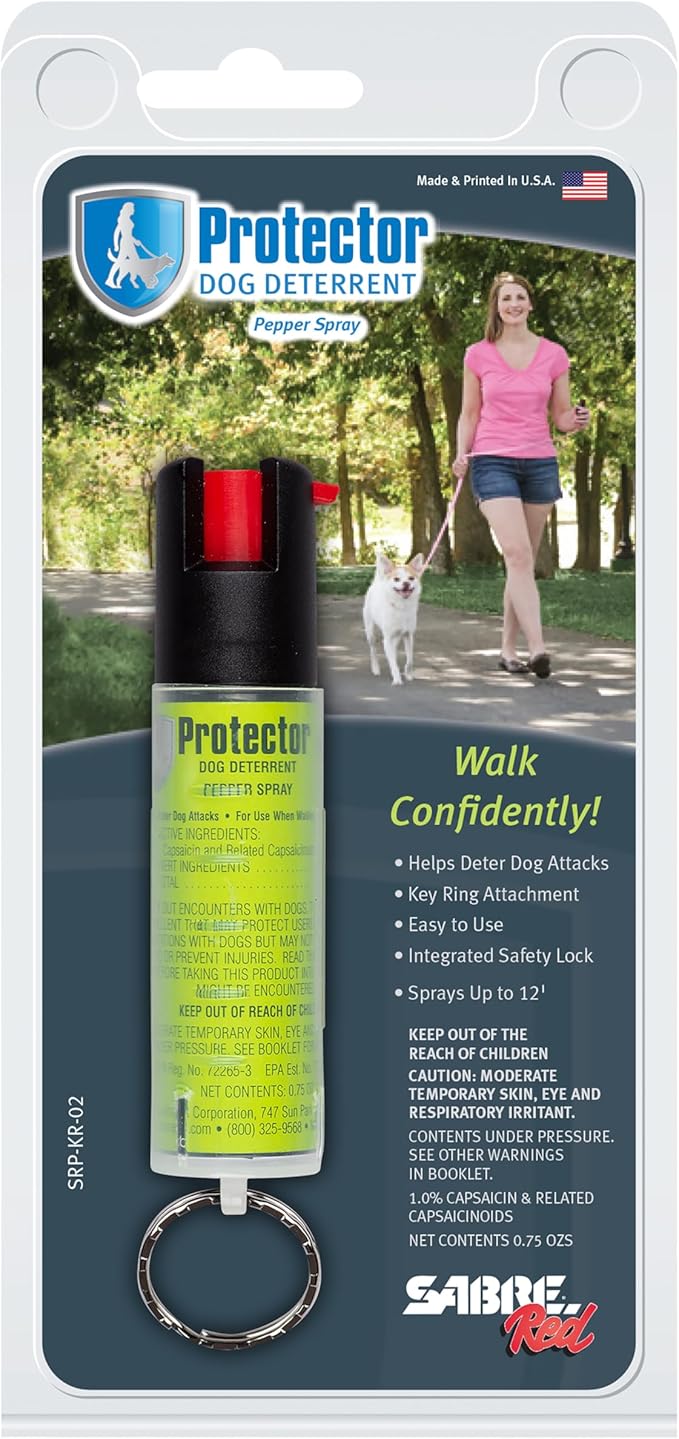 SABRE Protector Dog Spray with Key Ring, 14 Bursts, 12-Foot (4-Meter) Range, Humane Dog Attack Deterrent, Maximum Strength Allowed By EPA