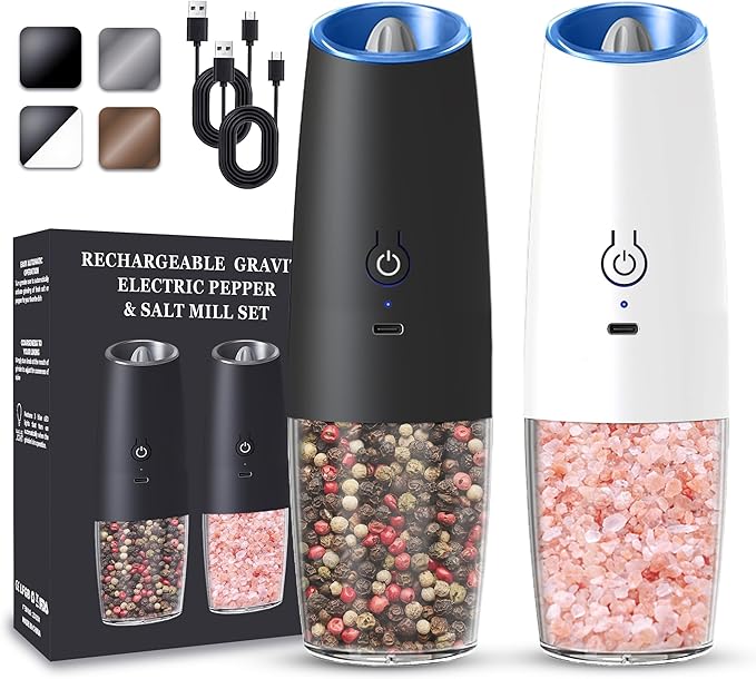 Rechargeable Electric Salt and Pepper Grinder set of 2, gravity electric salt and pepper grinder set, Adjustable Roughness, LED Light, 2 Pack, (Black&White)