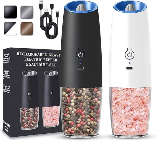 Rechargeable Electric Salt and Pepper Grinder set of 2, gravity electric salt and pepper grinder set, Adjustable Roughness, LED Light, 2 Pack, (Black&White)