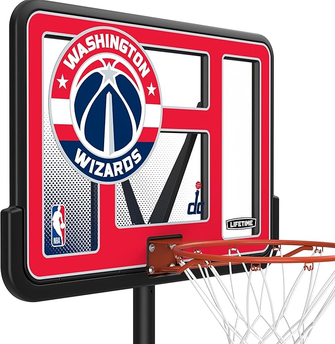 Lifetime NBA Washington Wizards Portable Basketball Hoop, Adjustable Height 7.5-10 Ft, 44 Inch Shatterproof Fusion Backboard, Base with Wheels