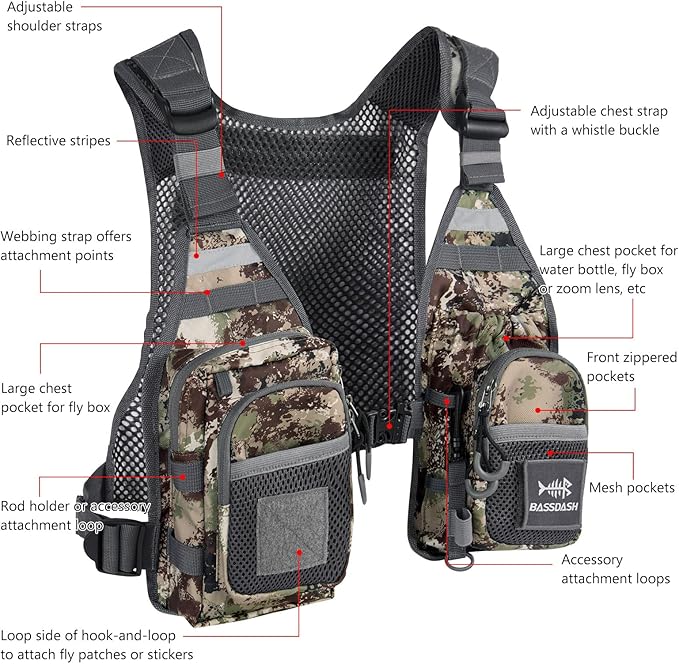 BASSDASH FV08 Ultra Lightweight Fly Fishing Vest for Men and Women Portable Chest Pack One Size Fits Most