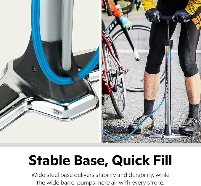 Schwinn Air Center Series or Basic Floor Pump, for a Range of Bikes, 100, 120 or 160 PSI, Soft Grip Handle, Dual Head for Schrader and Presta Valves, Manual Air Pump
