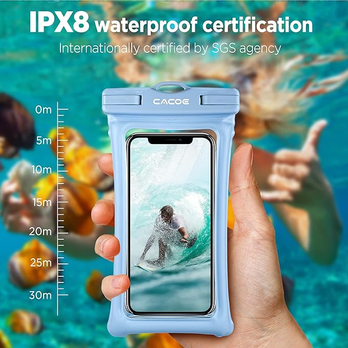 CACOE [Floatable] Floating Universal Waterproof Phone case 2 Pack-Up to 7.0",Phone Pouch with Adjustable Neck Lanyard,IPX8 Cellphone Dry Bags for Vacation Water Activities（Black+Light Blue）