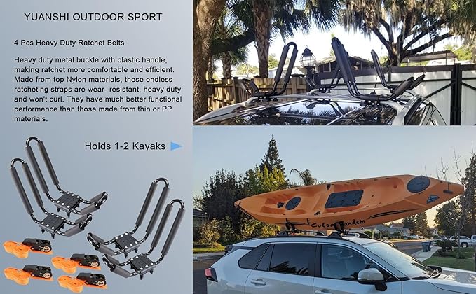Kayak Roof Rack 2 Pairs Heavy Duty J-Bar Carrier Holder for Canoe, SUV, Cars, Truck, Surf Ski, Tie-Mount on Car Roof Top Crossbar for Trip - Includes 8 Pcs Ratchet, Set of 4