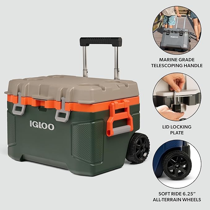 Igloo Trailmate 52Qt 車輪付きクーラー、断熱ハードシェルアイスチェスト、スポーツマン