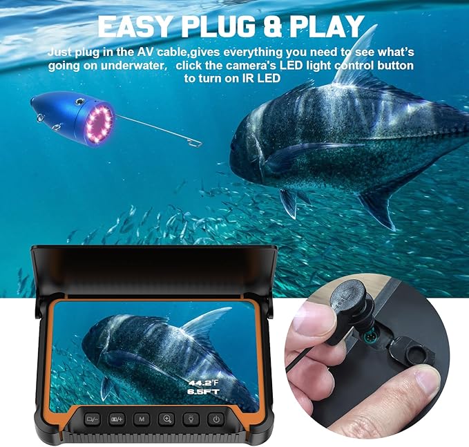 水深温度センサー付き水中釣りカメラ、7インチHD魚群探知機カメラ100ftロングケーブルIR LEDナイトビジョン広角レンズラインカメラ カヤック湖ボート氷釣りポータブル魚群探知機