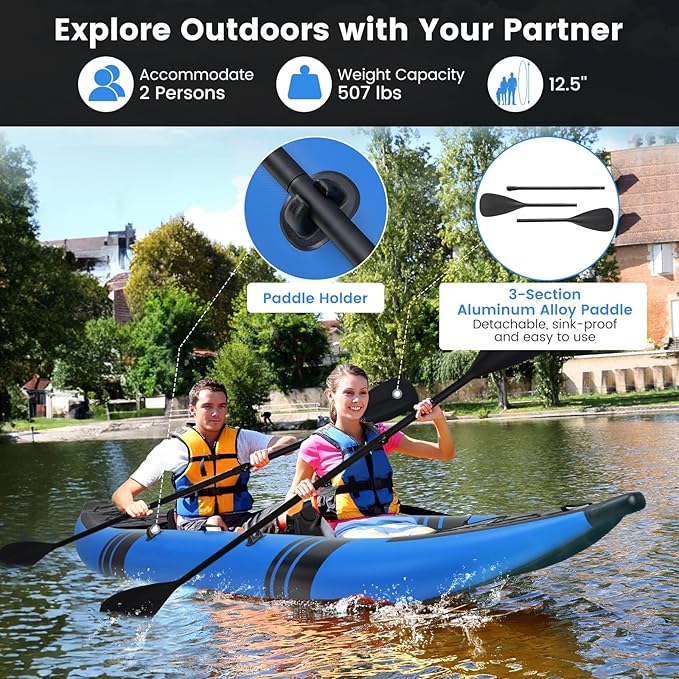 GYMAX Inflatable Kayak, 12.5Ft 507lbs Tandem Kayak with 2 Aluminum Paddles, 2 Padded Seats, Footrests, 2 Fins, Hand Pump, Carry Bag & Repair Kit, 2 Person Fishing Touring Kayak for Adults
