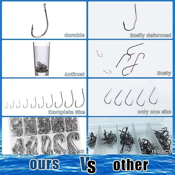 Carbon Steel Fishing Hooks 500Pcs/90Pcs, Circle Hooks Assortment for Saltwater Freshwater Ice Fishing, Salt Water Fish Hooks for Catfish Trout Bass Octopus Multi Size
