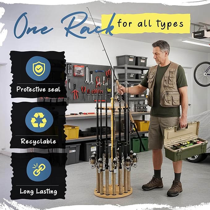 Rush Creek Creations | Rod Holder for 16 Fishing Poles, Garage Organization and Storage, for Reels, Gear, Accessories, Tackle Box