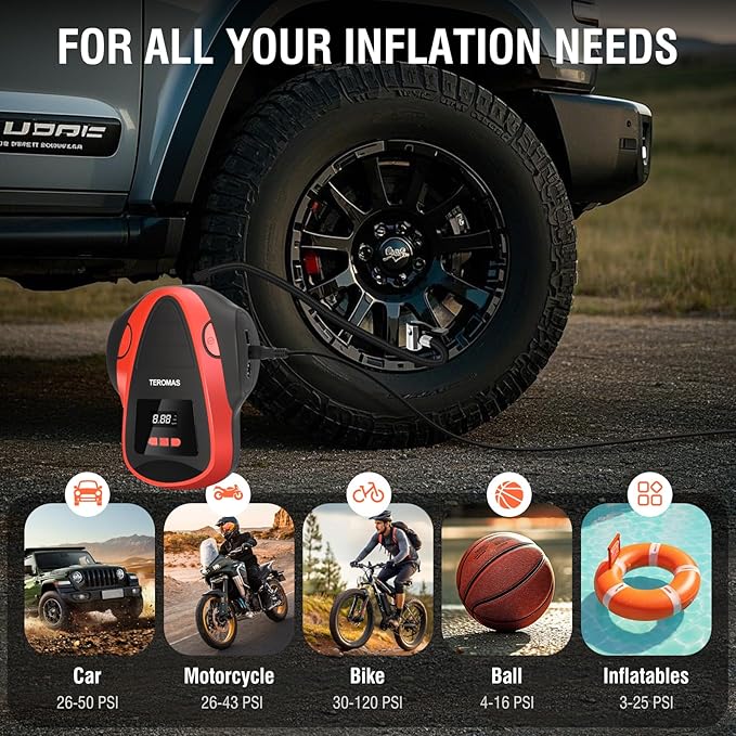Tire Inflator Portable Air Compressor, Air Pump DC/AC for Car Tires 12V DC and Other Inflatables at Home 110V AC, Digital Electric Tire Pump with Pressure Gauge(Red)