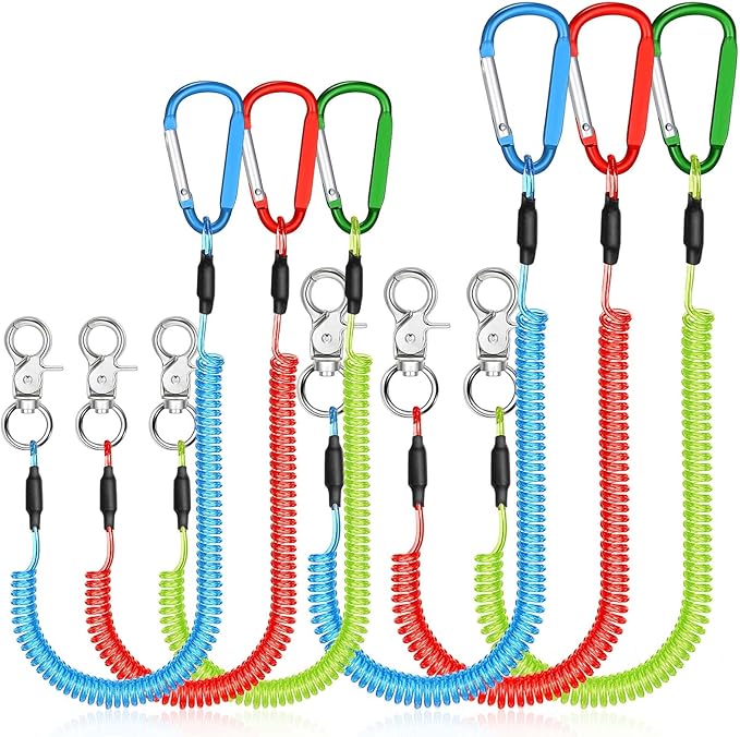 Woanger 6 Pack Fishing Lanyard Steel Wire Coiled Lanyard Tool Lanyards for Hand Tools Kayak Retractable Tool Leash Fishing Rod Safety Lanyards Gear with Alloy Clips for Pliers Boating