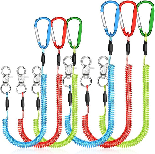 Woanger 6 Pack Fishing Lanyard Steel Wire Coiled Lanyard Tool Lanyards for Hand Tools Kayak Retractable Tool Leash Fishing Rod Safety Lanyards Gear with Alloy Clips for Pliers Boating