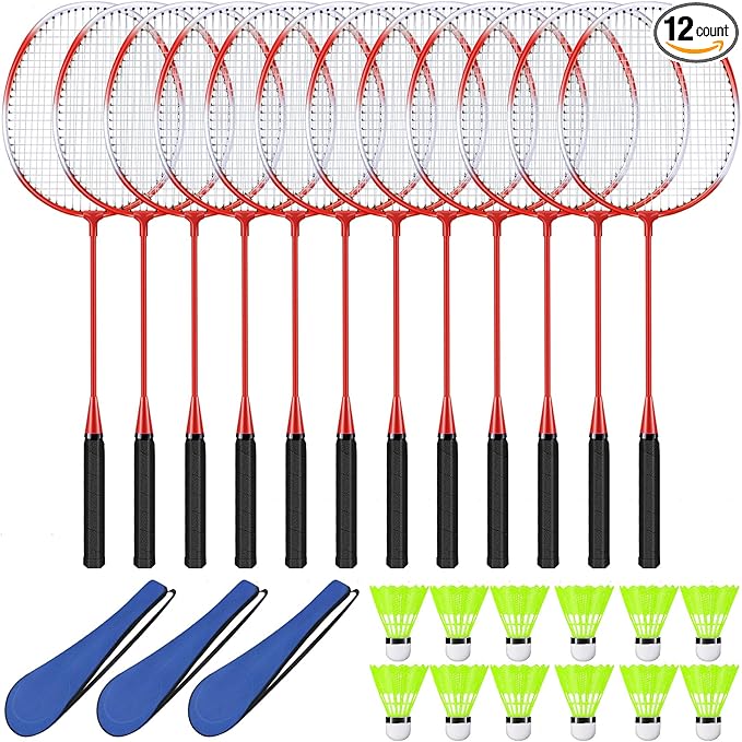 12 Pack Badminton Rackets Set Including Badminton Racquets, Nylon Shuttlecocks and Carry Bag for Outdoor Backyard Games Beginners