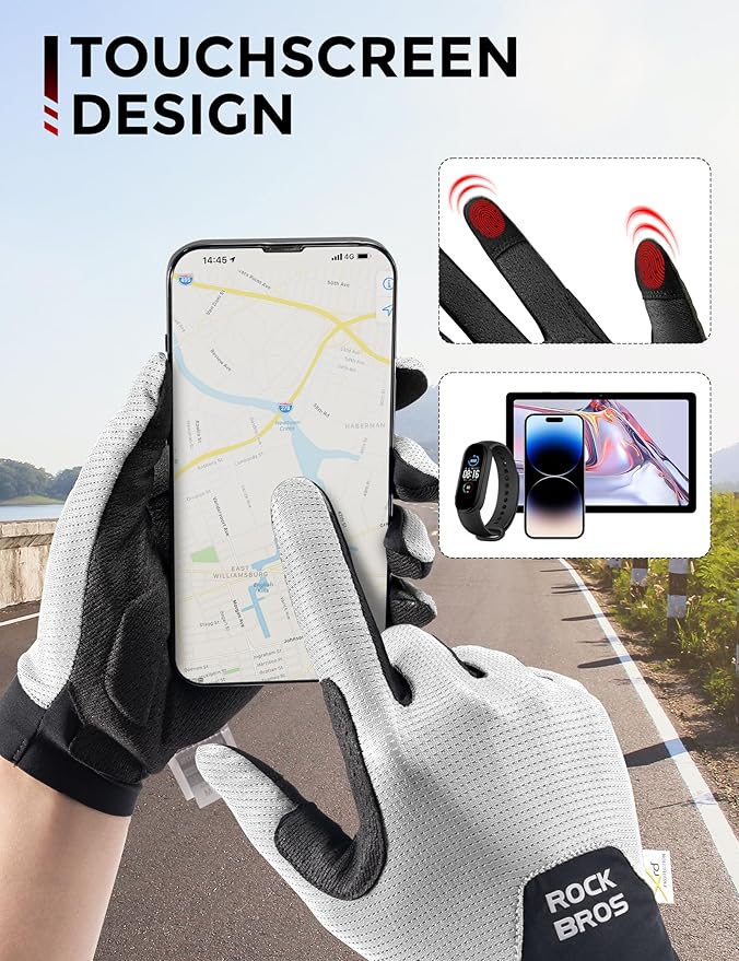 ROCKBROS Cycling Gloves for Men Women XRD Shock Absorbing Bicycle Riding Anti-Slip Breathable Full Finger UV-Sun-Protection Gloves for Road/Mountain & Electric Bike,E-Bike Commuter