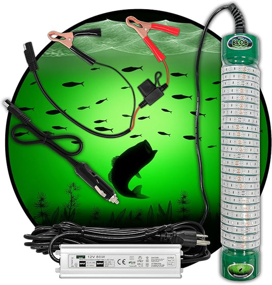 Green Blob Outdoors ドック・ボート用水中釣りライト、110V/12V、15000ルーメン、テキサス製、スヌーク、バス、ナマズ対応、110Vドライバー、シガーライター、ゲータークリップアダプター付属