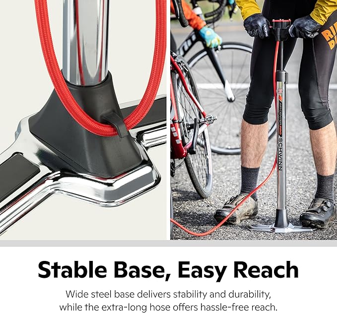 Schwinn Air Center Series or Basic Floor Pump, for a Range of Bikes, 100, 120 or 160 PSI, Soft Grip Handle, Dual Head for Schrader and Presta Valves, Manual Air Pump