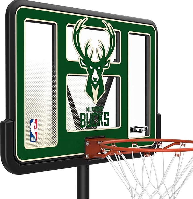 Lifetime NBA Milwaukee Bucks Portable Basketball Hoop, Adjustable Height 7.5-10 Ft, 44 Inch Shatterproof Fusion Backboard, Base with Wheels