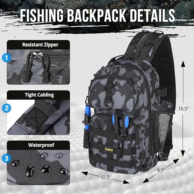 PLUSINNO 釣り用バックパック フローティングフィッシングネット、タックルボックス、防水スリングタックルバッグ (ロッドホルダー付き)、男性へのギフト