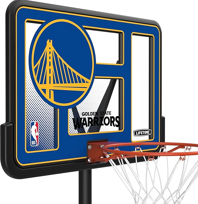 Lifetime NBA Golden State Warriors Portable Basketball Hoop, Adjustable Height 7.5-10 Ft, 44 Inch Shatterproof Fusion Backboard, Base with Wheels