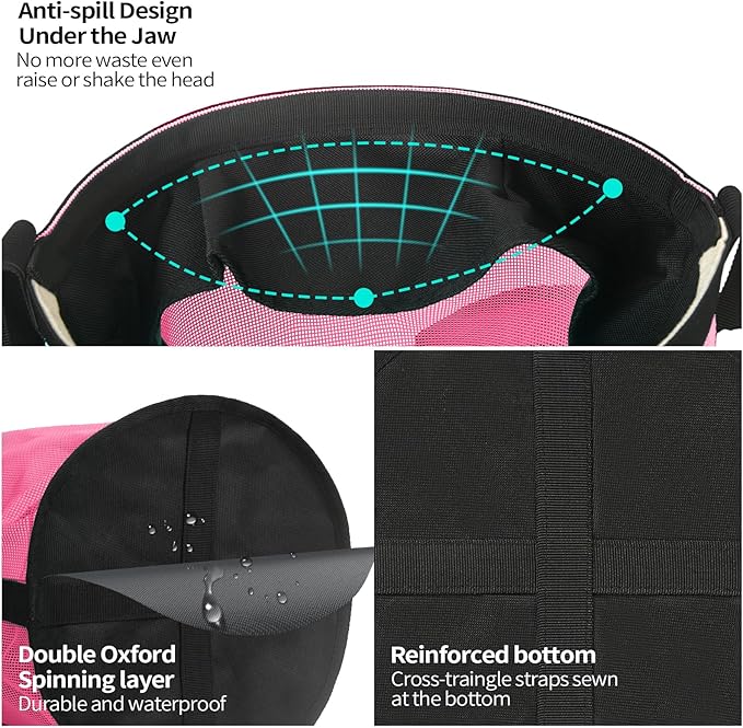 Horse Feed Bag for Grain, Breathable Mesh Feed Bags for Horses, Muzzle Feedbag for Feeding Grain, Anti-Spill Design Feeder, Soft Neck Pad Nose Pad, Universal Fit(1 Pack Pink)