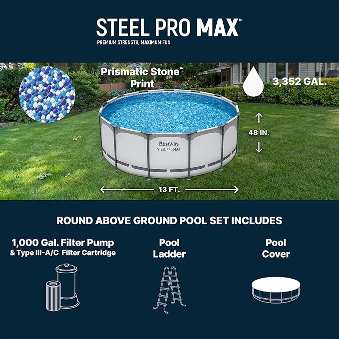 Bestway Steel Pro MAX 13フィート x 48インチ 地上プール、ラウンドメタルフレーム屋外スイミングプールセット、フィルターポンプ、はしご、カバー付き、グレー