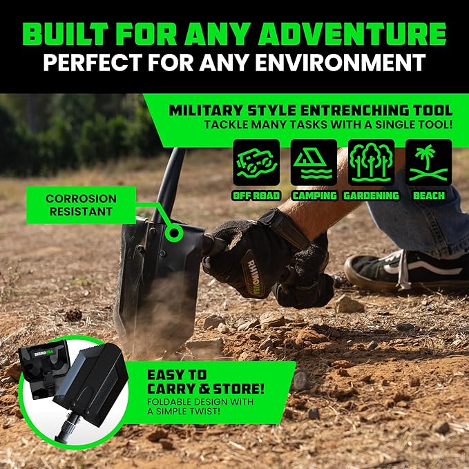 Rhino USA サバイバルシャベル（つるはし付）- オフロード、キャンプ、ガーデニング、ビーチでの土、砂、泥、雪掘りに使える高耐久炭素鋼ミリタリースタイルつるはし（リカバリーシャベル）