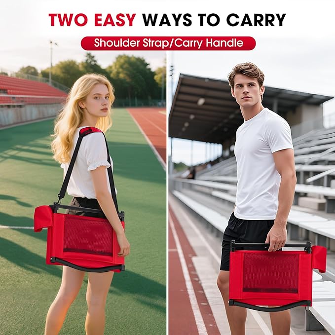 Fragess Bleacher seat, Stadium Seats with Back Support and Thick Cushion, Bleacher Chairs with Shoulder Strap and Side Pocket, Stadium Seat for Bleachers, Perfect for Sports Events(RED)