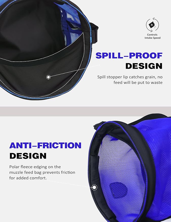 Harrison Howard Horse Muzzle Feed Bag Nylon Mesh Grain Feed Bag with Padded Neck Strap Adjustable Belt Dark Blue Small