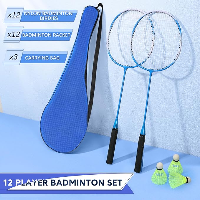 12 Pack Badminton Rackets Set Including Badminton Racquets, Nylon Shuttlecocks and Carry Bag for Outdoor Backyard Games Beginners