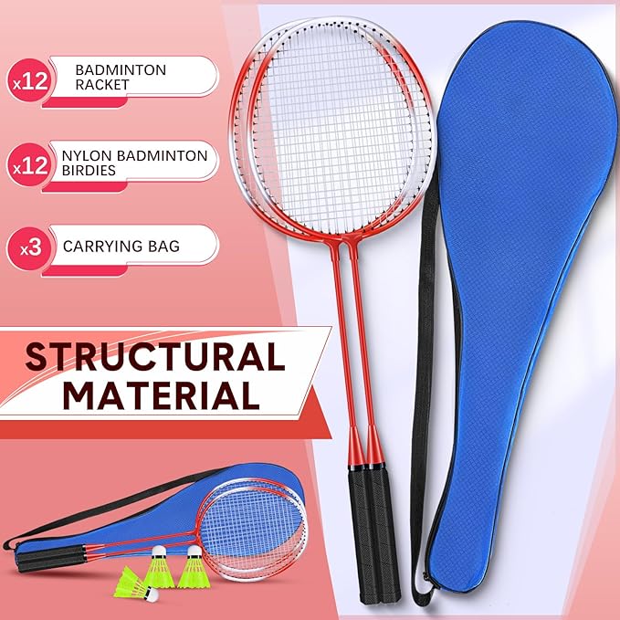 12 Pack Badminton Rackets Set Including Badminton Racquets, Nylon Shuttlecocks and Carry Bag for Outdoor Backyard Games Beginners