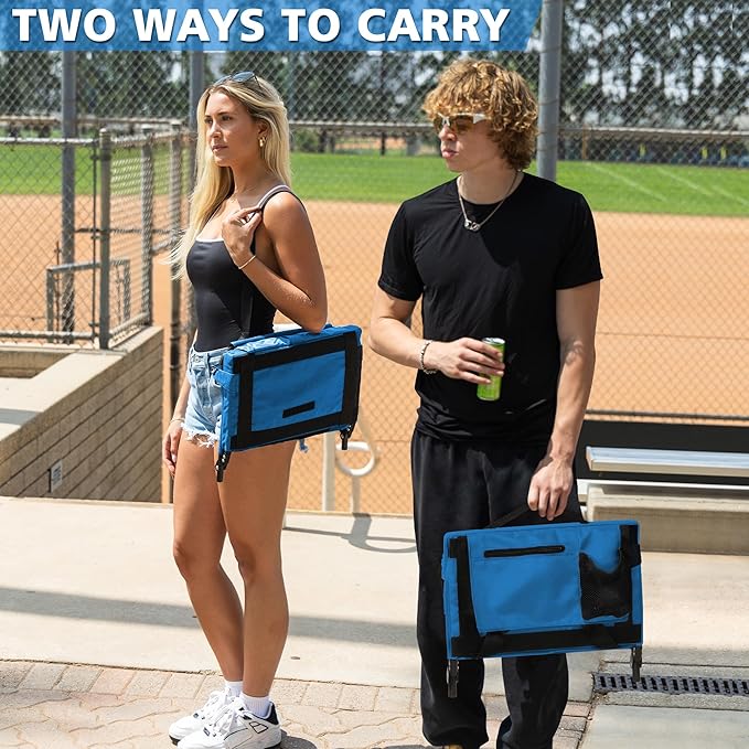 Stadium Seats for Bleachers with Back Support Bleacher Seat Soft Cushion Light Weight Includes Shoulder Strap & Cup Holder, Front & Back Zipper Pocket, Suitable for Sports Events,Blue