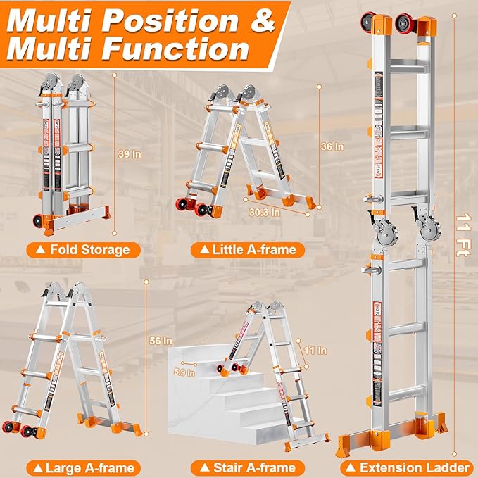 Telescoping A-Frame Ladder- 11FT Folding Extension Ladder with Wheels & Stabilizer Bar, 330lb Security Load Multi Position Ladders for Stairs Home Indoor Outdoor Roof