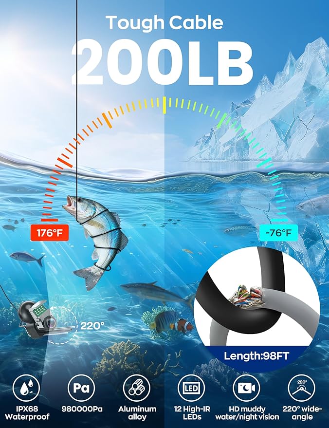 Underwater Fishing Camera,1080P Portable Fish Finder with 5" Waterproof IPS Screen,220° Ultra-Wide Ice Fishing Camera with 12 IR LED Night Vision,10000mAh Battery&100FT Cable for Boat, Lake & Kayak