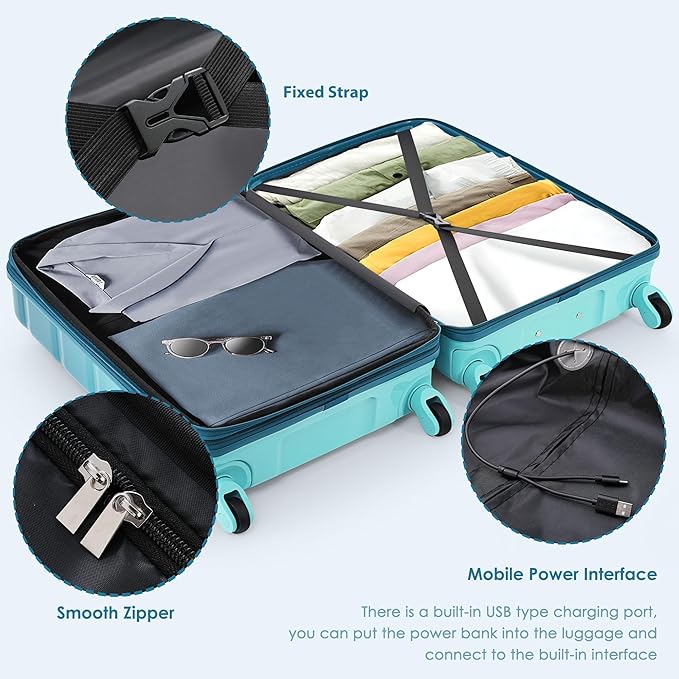 Luggage Sets, ABS Hardshell Suitcase Spinner Wheels with USB Port TSA Lock