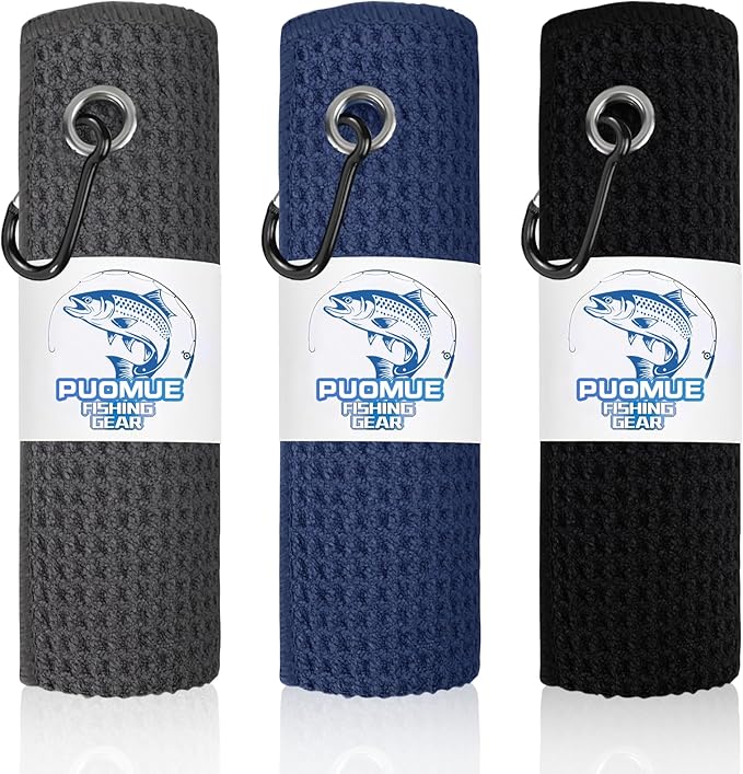 3 Pack Microfiber Fishing Towels with Clip, 16" X 16", Waffle Pattern for Effective Cleaning of Fishing Gears or Dirty Hands, Perfect for Camping Towels and Hiking Towles
