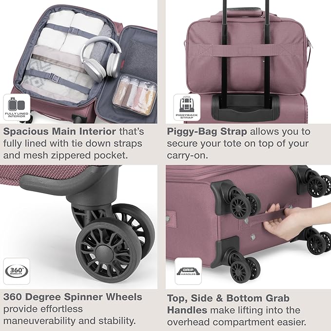 U.S. Traveler Rio Lightweight Softside Rolling Carry-on Suitcase, 4-Wheel Single, Mauve