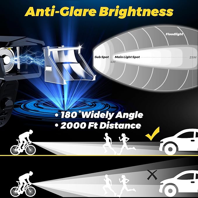 2025 Anti-Glare Front Rear Sensor 3000 Bike Lights, 5+6 Kind Warning Modes Bicycle Light and Tail Light Set, Long Time Waterproof Bike Accessories for Night Riding City Streets Mountain, Black