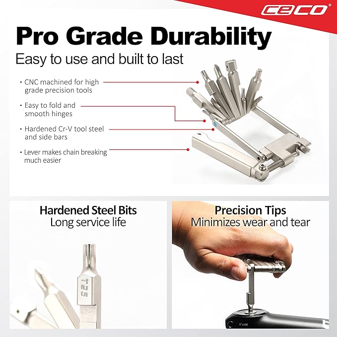 CECO USA 13 Function Bike Tool with Chain Breaker, Bicycle Multi Tool, Ultra Slim, Compact Pocket Sized, Lightweight, High Strength CR-V 6150 Tool Steel, Easy To Carry, Case Pouch Included, Road