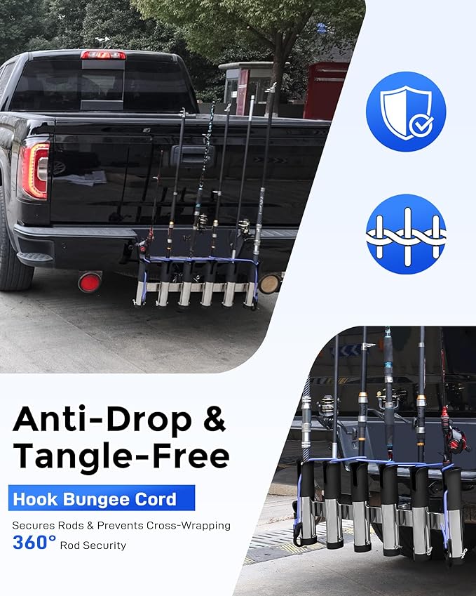 Adjustable Fishing Rod Holder for Truck 2" Hitch Receivers – Holds 6-10 Rods, 3 Angles, Quick Release, Anti-Shake Elastic Straps, Stainless Steel Fishing Pole Holder for Truck