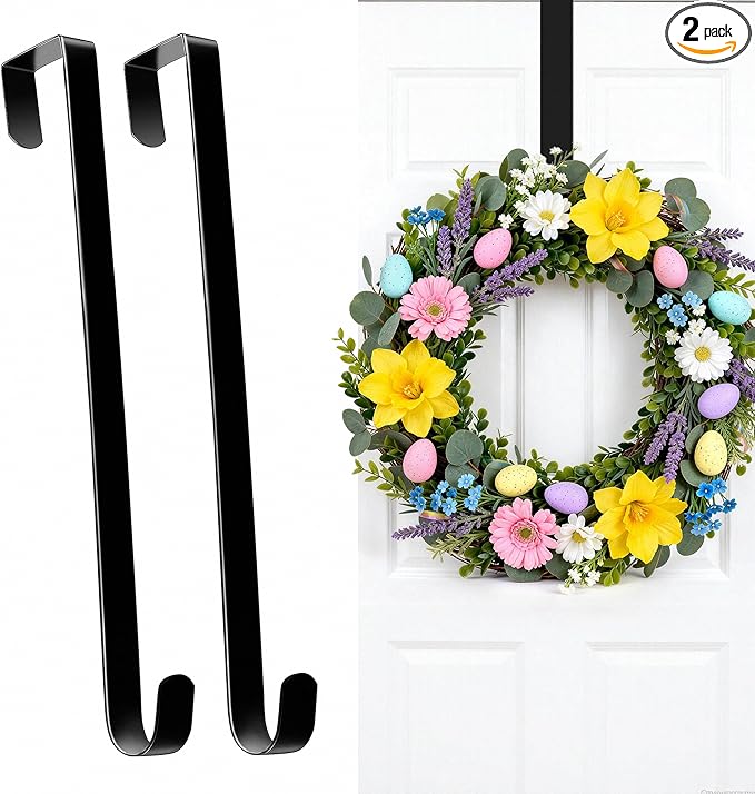 HOOSUN Wreath Hangers for Front Door,St Patricks Day Decorations,14" Easter Wreath Hook Holder,Over The Door Hooks Hanger,Metal Garland Hangers Hook for Patriotic Spring Wreath Porch Decor (2 Pack)