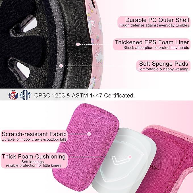 Toddler Helmet with Knee Pads and Elbow Pads Set for Kids Age 1-3, Adjustable Infant Baby Bike Helmet for Girls Boys for Balance Bike, Scooter, Bicycle