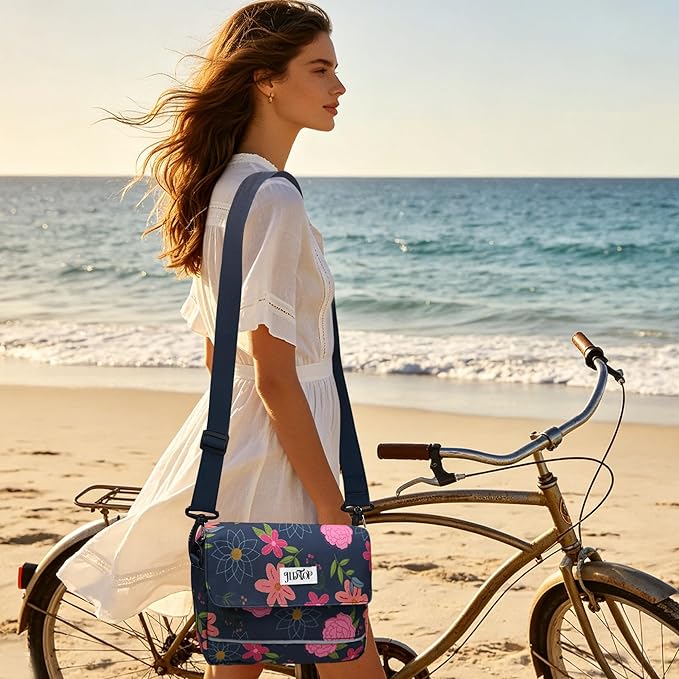 Bike Handlebar Bag, 2.9L Waterproof Bicycle Front Basket Bag with Reflective Strip, Convertible Shoulder Bag for Women, Floral Bike Pouch for Cycling Commuting Outdoor (Blue Floral)